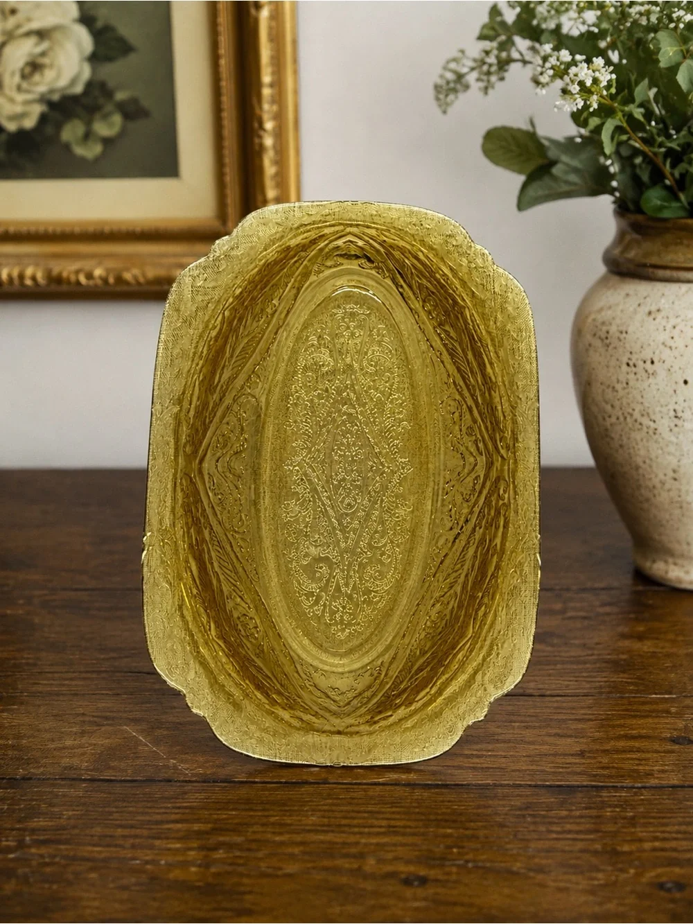Vintage Amber Yellow Pressed Glass Serving Dishes Set of 3 Ornate Scroll Pattern
